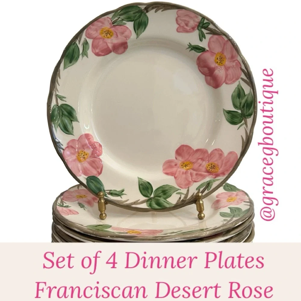 Franciscan Rose Large Dinner Plate 4 Pc Set Made England Hand Painted Cream Pink